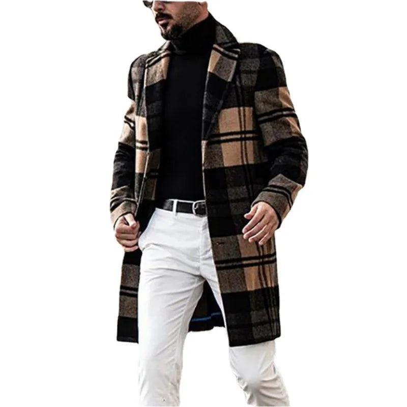 Autumn Winter New Fashion Men's Woolen Coats Solid Color Single Breasted Lapel Long Coat Jacket Casual Overcoat Casual Trench