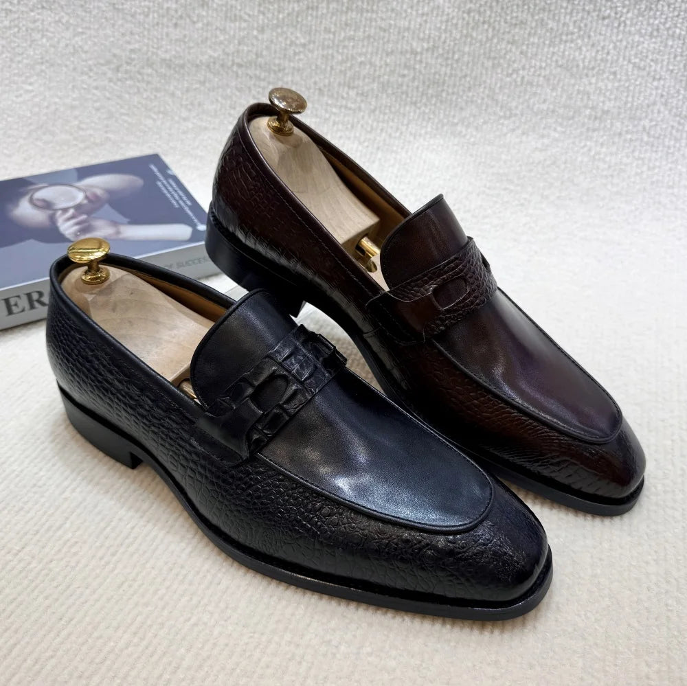 Luxus-Herrenschuhe aus echtem Leder mit Krokoprägung, Hochzeits-Loafer, Business-Büro-Slipper mit Doppelschnalle