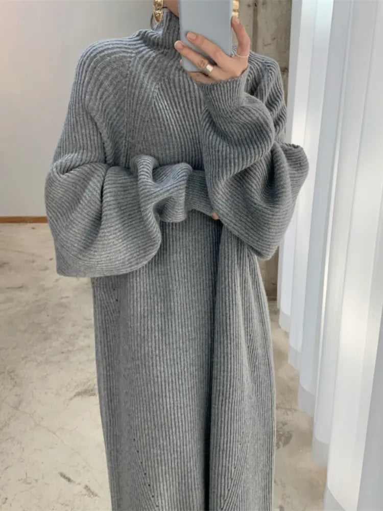 Women Dress Sweater Women Dress Thick Winter Fall Long Sleeve Knitted Dresses Maxi Vintage Oversize Knitting Turtleneck Black