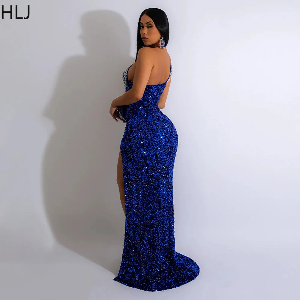 HLJ Black Fashion Diamonds Rhinestone Party Birthday Dresses Women One Shoulder High Slit Floor Dress Female Bodycon Vestidos