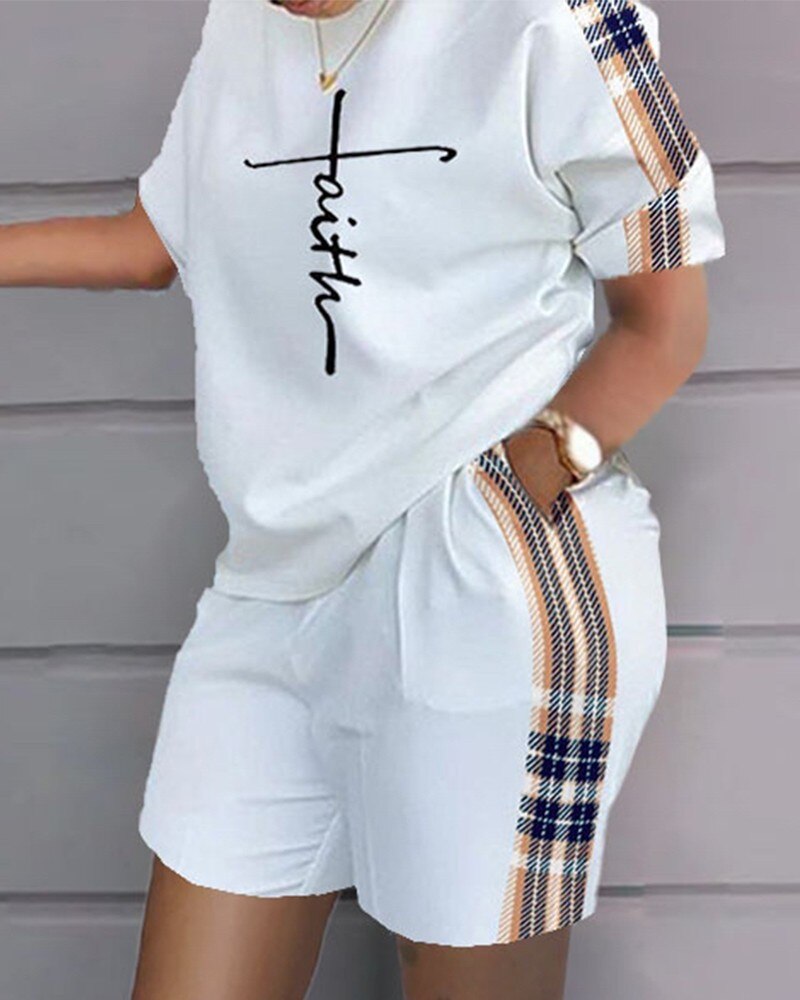 Casual Loose Print Tshirt Short Set Women 2023 Summer O-neck Patchwork T Shirt Two Piece Set And Pockets Shorts Suits