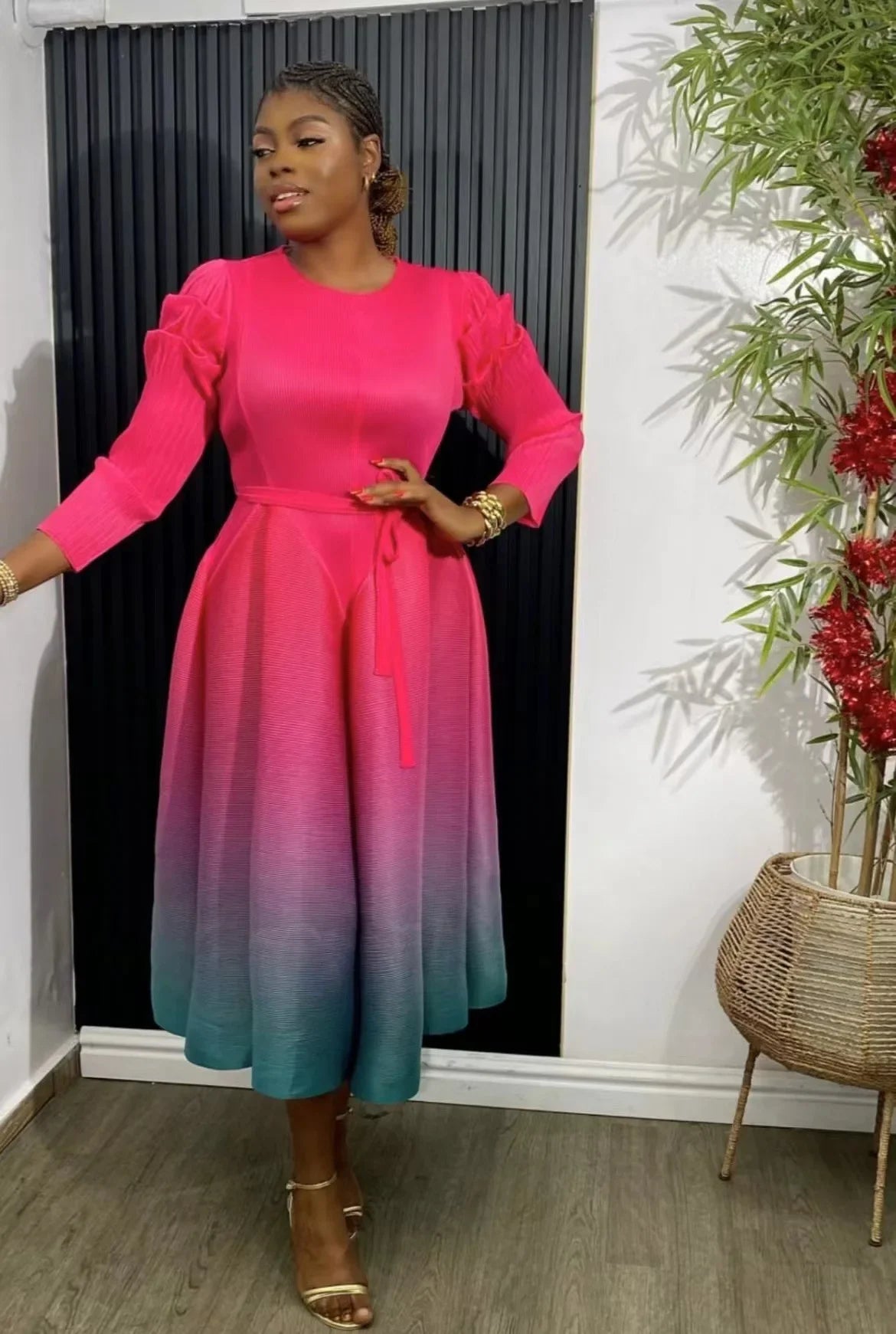 Miyake Pleated Gradual Maxi Dress O-Neck Full Sleeve Loose High Strecth Lantern Dresses for Women 2024 Summer New