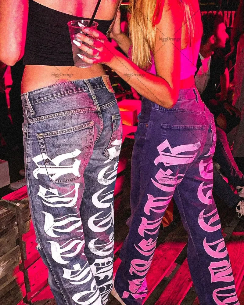 Fashion printed letters high waist jeans women's Y2K street hip-hop retro loose all-match button straight wide-leg pants men