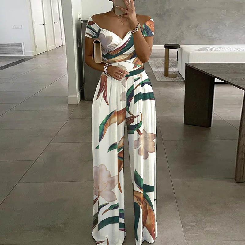 Sexy Outfit Off Shoulder Print Wide Leg Jumpsuit Women 2023 Summer Casual Boho Casual High Waist Jumpsuits Clothes Overalls