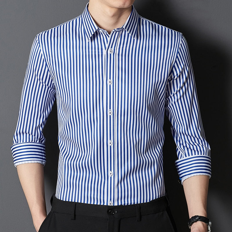 High Quality Stripe Stretch Anti-Wrinkle Non-iron Men Shirts Long Sleeve Dress Shirts Male Slim Social Business Casual Shirt