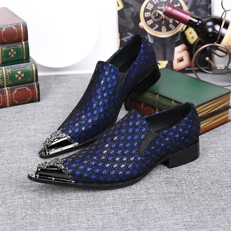 2024 Western Mode Spitz Zehen Metall Abendkleid Schuhe Blau Grau Party Hochzeit Lederschuhe für Herren