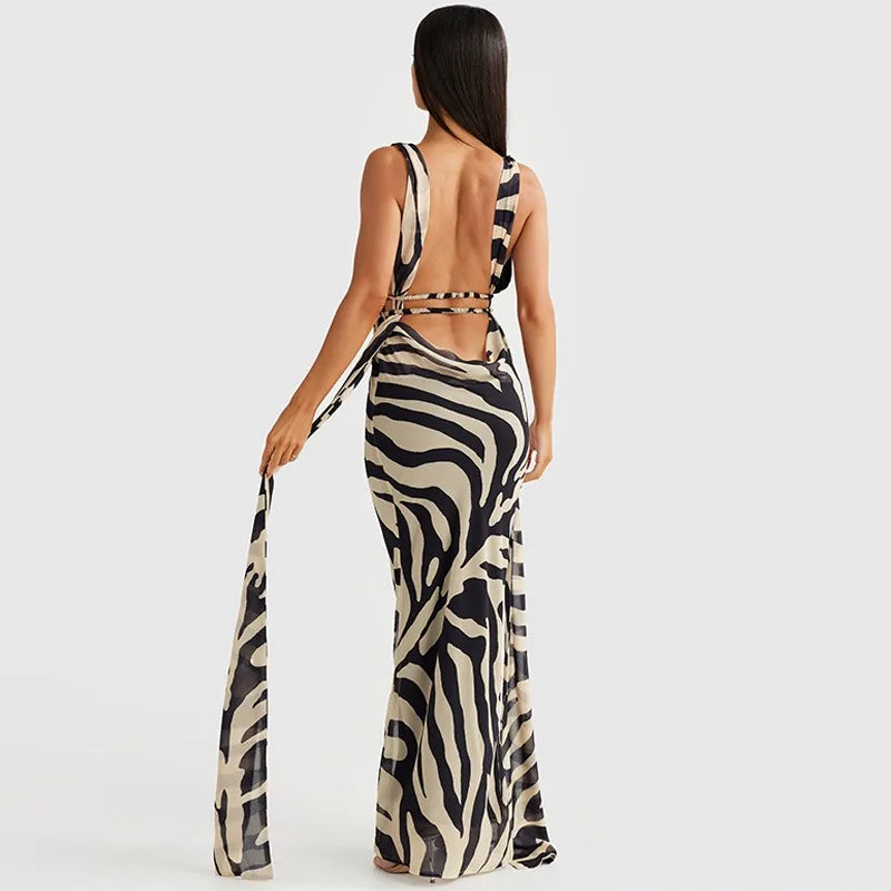 Chiffon Zebra-stripe Print Slim Maxi Dress Women Spring Autumn 2024 Deep V Halter Lace Up Bandage Backless Dresses Streetwear