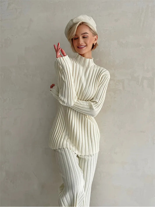 Ribbed Knit Two Piece Set Women Tracksuit Casual Korean 2 Piece Sets Womens Outfits Spring Pants Suit Knitted Matching Set Women