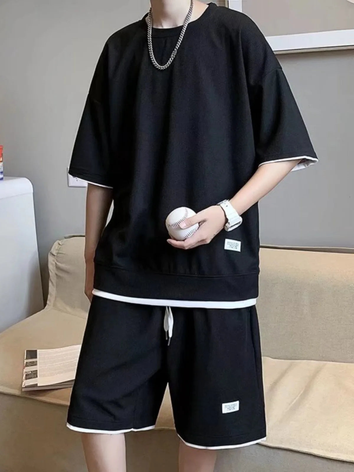New Summer Men Waffle Sets Casual T-Shirt and Shorts Set Male Sports Suit Solid Color Tracksuit Loose Suits Size 5XL