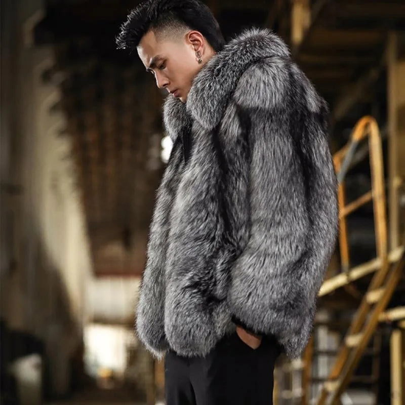 S-6XL Size Fashion Men's Faux Fur Jacket New Fox Fur Short Style Autumn Winter Warm Gray Men's Leather Coat Casual Parkas