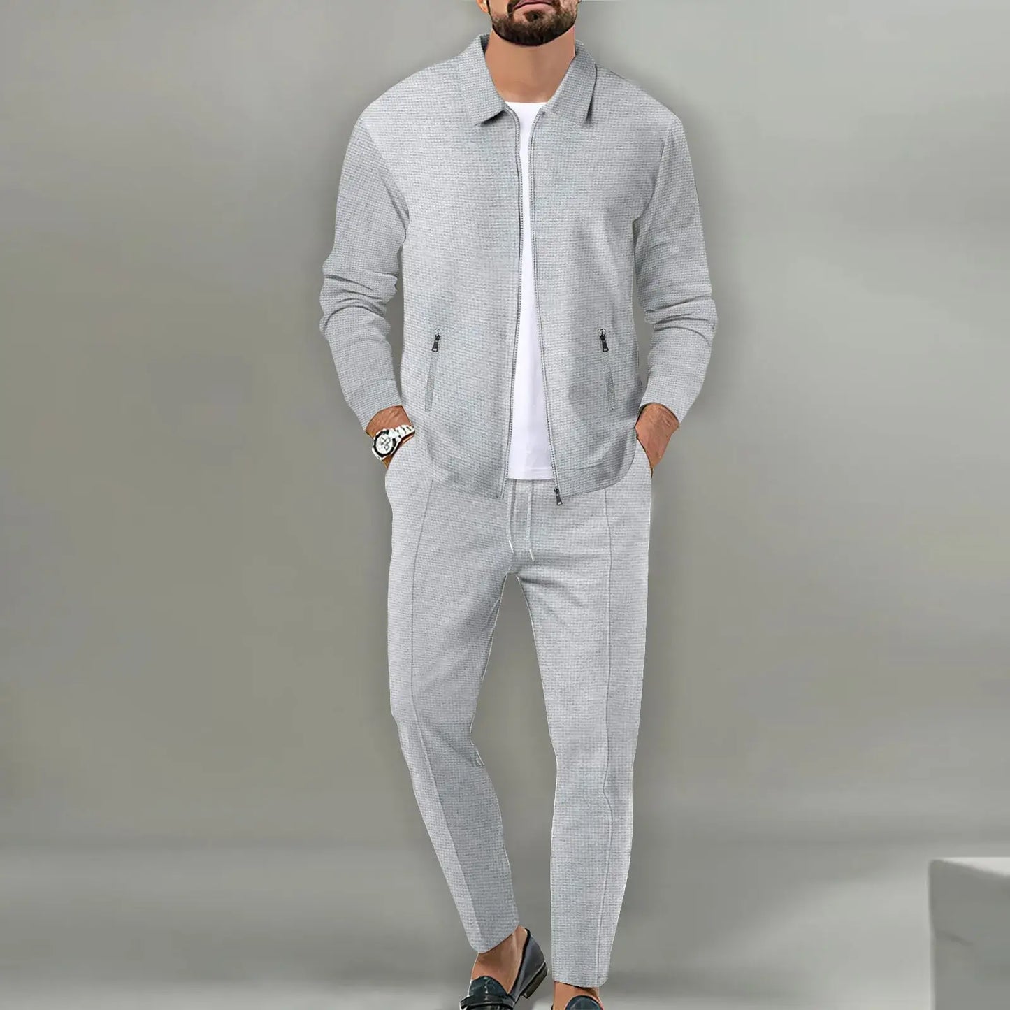 Das neue zweiteilige Freizeit-Sportset für Herren, Frühling und Herbst 2025, mit beliebter unifarbener Jacke und Hose