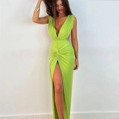 GACVGA  Summer Fashion Ruched Long Dress Sexy Backless V Neck Hight Slit Women Bodycon Party Maxi Dress