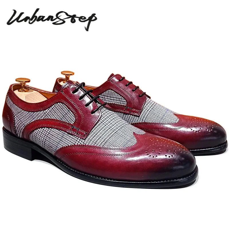 Luxury Men Derby Shoes Burgundy Lace up Pointed Toe Patchwork Striped Plaid Casual Mens Genuine Leather Dress Shoes Men