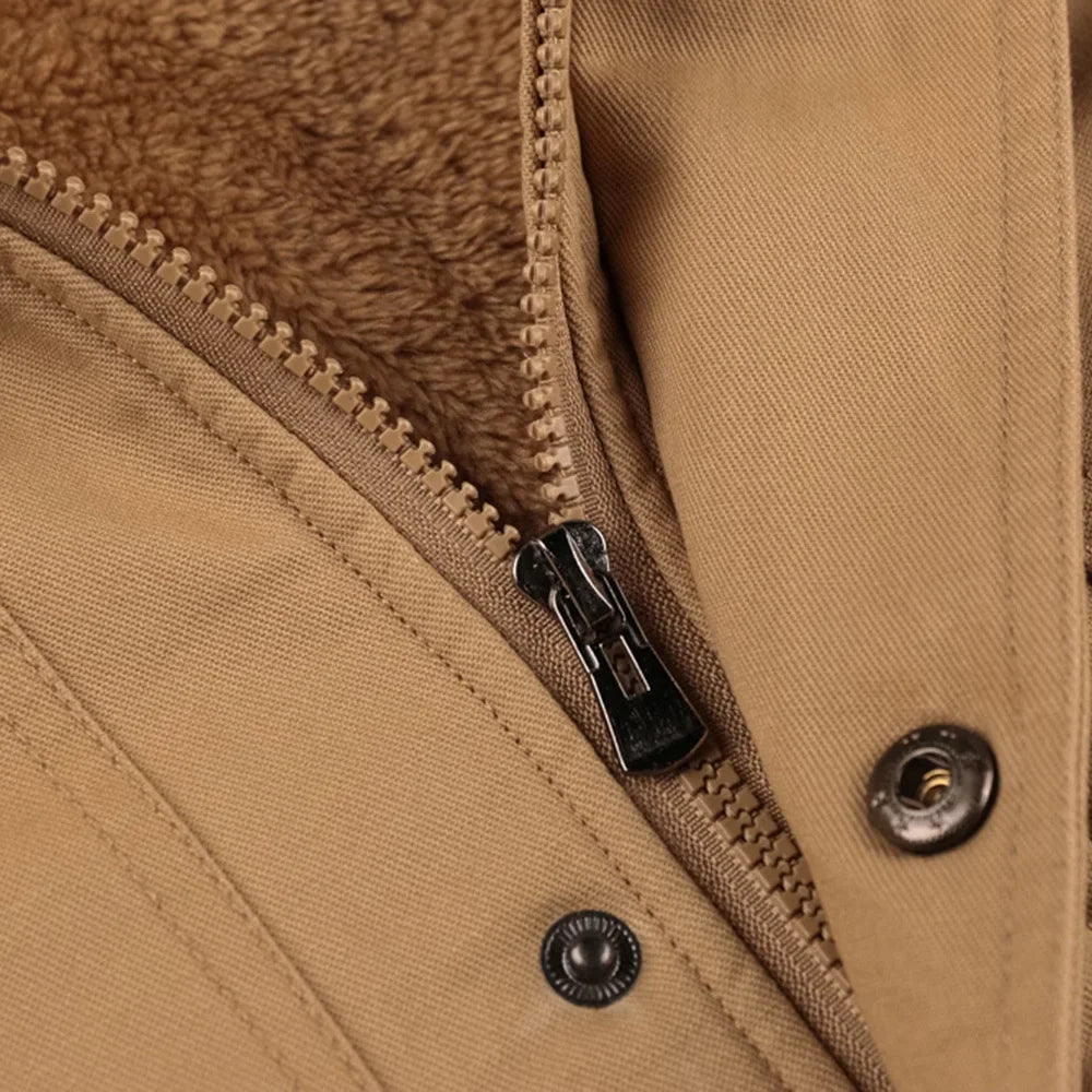 Men Fleece Fur Lined Thick Mid-Length Cotton Jacket Long Sleeve Autumn Winter Casual Jackets
