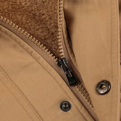Men Fleece Fur Lined Thick Mid-Length Cotton Jacket Long Sleeve Autumn Winter Casual Jackets