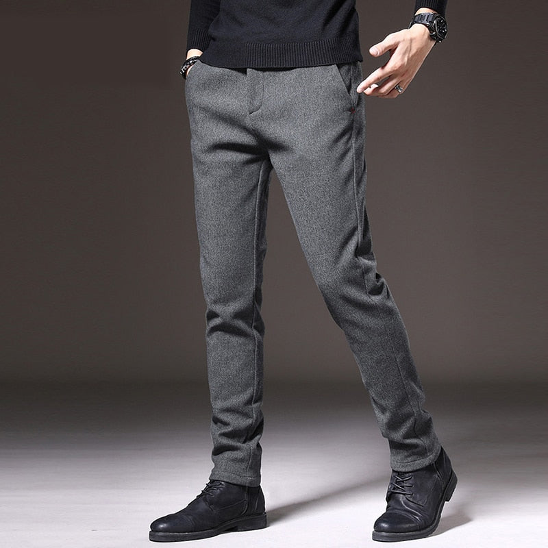 2022 Winter New Men&#39;s Thermal Business Casual Pants Trendy Slim Fit Stretch Thicken Fleece Liner Elegant Cotton Trousers