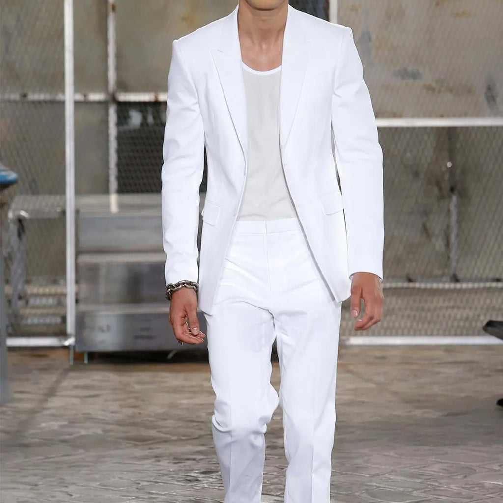 Summer Long Jacket White Trousers Groom Tuxedos Wedding Suits for Men Peaked Lapel Man Blazers 2 Pieces Coat Pants Prom