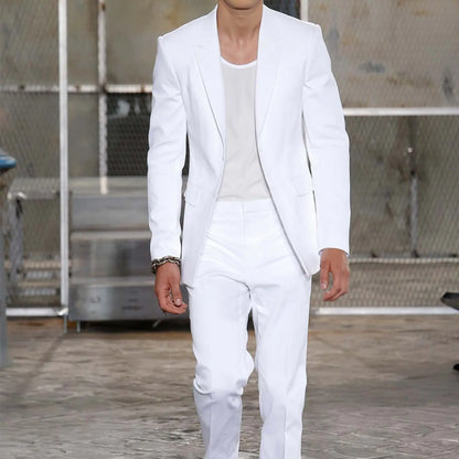 Summer Long Jacket White Trousers Groom Tuxedos Wedding Suits for Men Peaked Lapel Man Blazers 2 Pieces Coat Pants Prom
