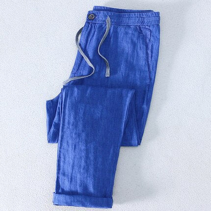 Pure Linen Pants Men Beach Elasticated Waistband Drawstring Chinese Size Thin Casual Trousers Size 36 38