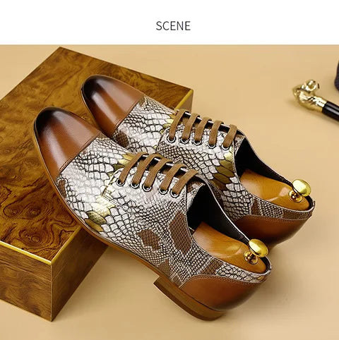 Luxury Brand Genuine Leather Men's Formal Shoes Fashion Snake Pattern Design Lace Up Men Business Dress Groom Wedding Shoes