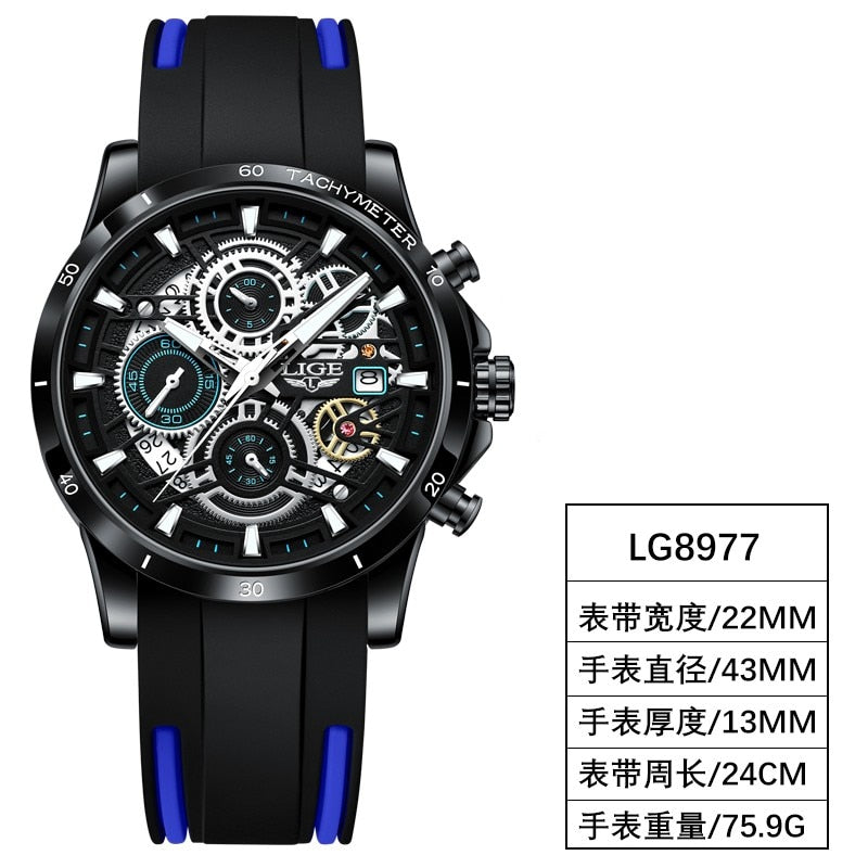 2023 LIGE Mens Watches Top Brand Stainless Steel Hollow Sports Waterproof Quartz Watch Men Military Wristwatch Relogio Masculino