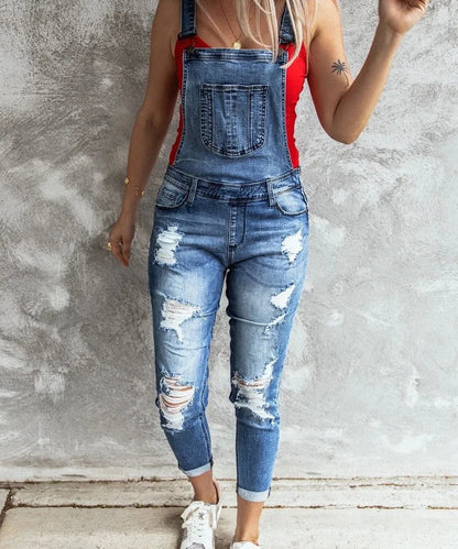 Denim Overalls Women  Ripped Jeans Lady Jumpsuit Elastic Denim One Piece Pants Suspender Trousers Female Rompers Streetwear