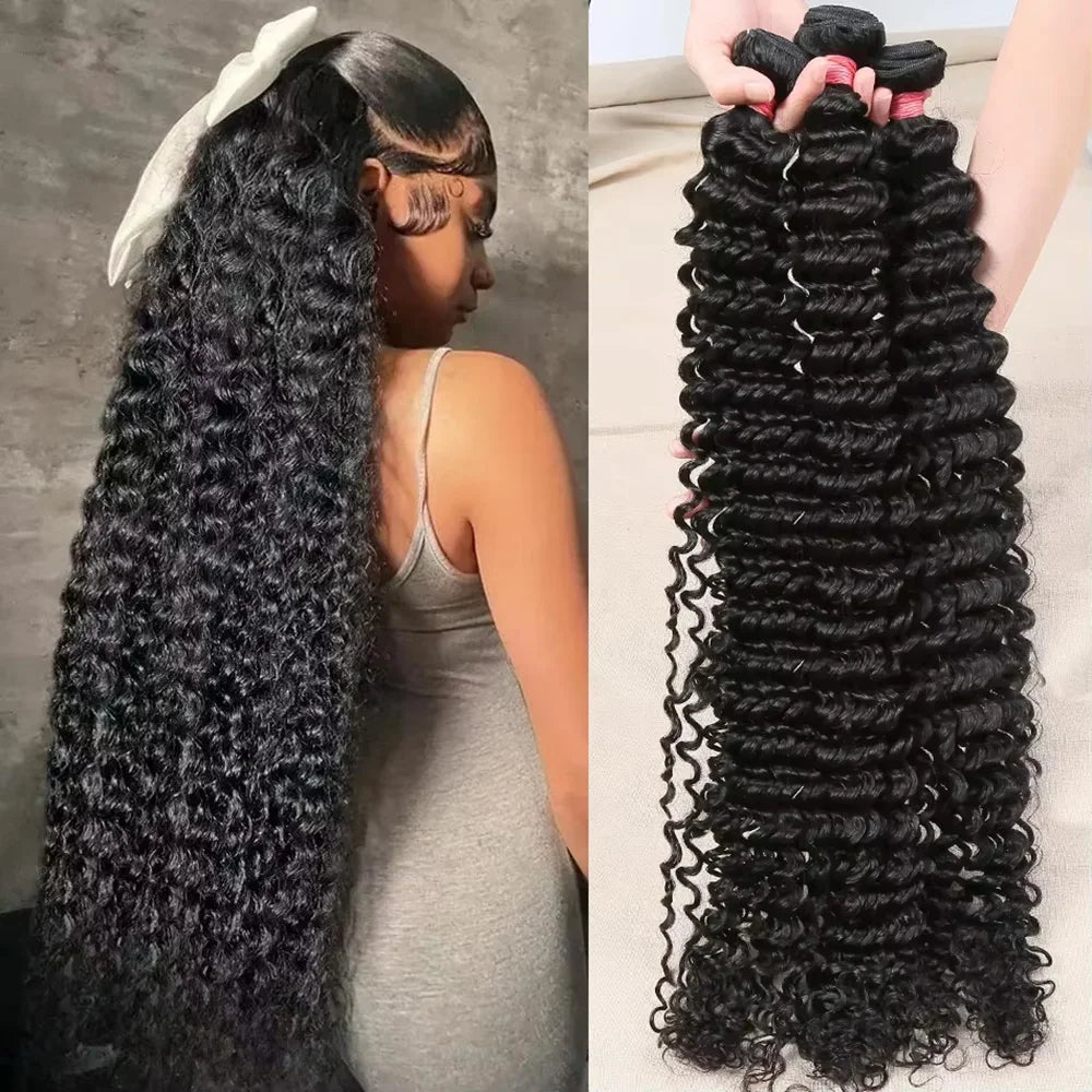 40 Inch Deep Wave Brazilian Human Hair Bundles 3/4 PCS Natural Black Unprocessed Remy Hair Extensions Weave Bundles Soft Silky