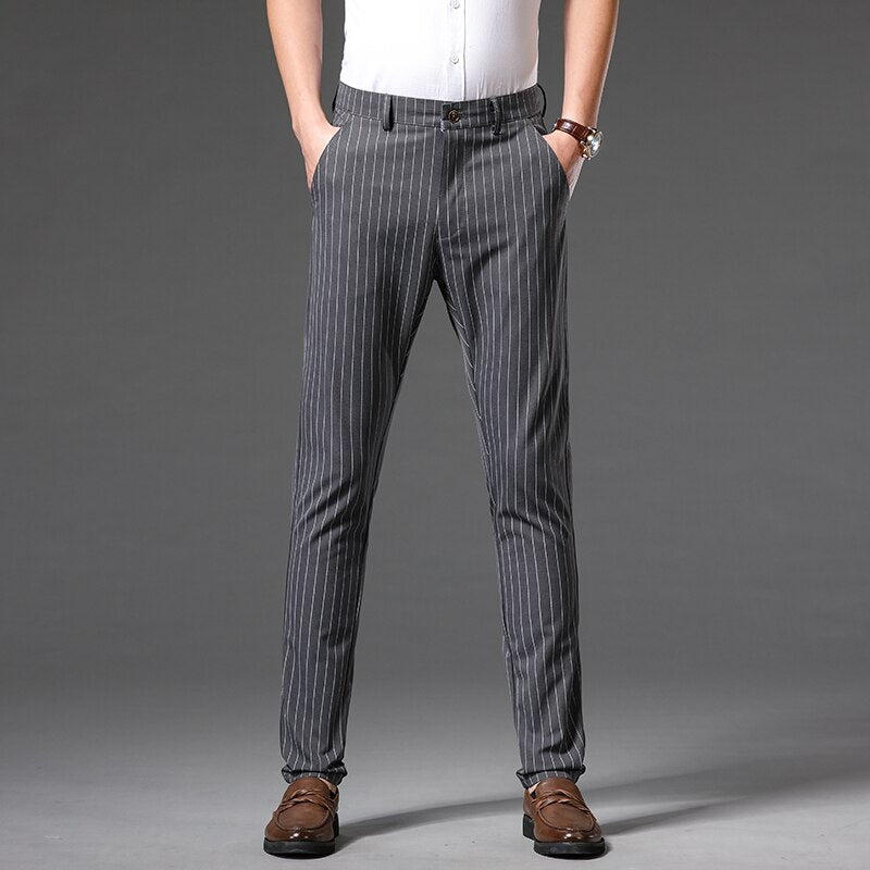 Autumn Stripe Trousers Men Formal Work Business Red Grey Navy Blue Black Slim Fit Iron-free Office Luxury Suit Pants Male 30-38