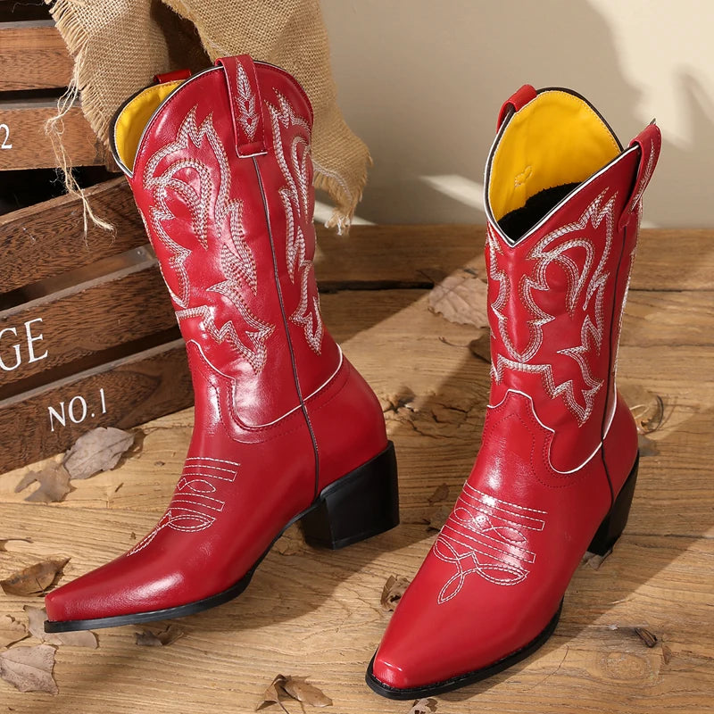 2023 Mbroider Western Cowboy Boots For Women High Heels Boots Ladies Spring Autumn Cowgirl Boots Shoes Wide Calf Boots Black Red