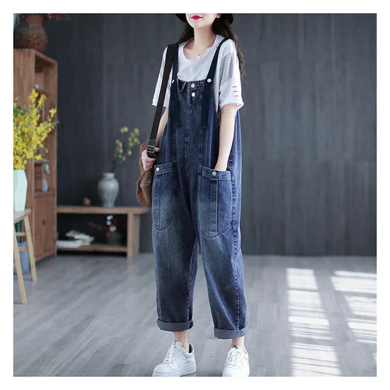 Jumpsuit Women Jeans Rompers New Retro Big Pocket Loose Denim Overalls Fashion Large Size Wide-leg Pants Drop Shipping