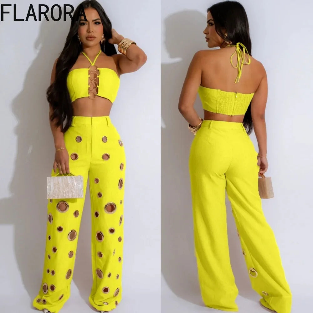 FLARORA Y2k Hole Sequined Wide Leg Pants Streetwear Sexy Solid Halter Sleeveless Backless Tops And Pants Women's Two Pieces Set
