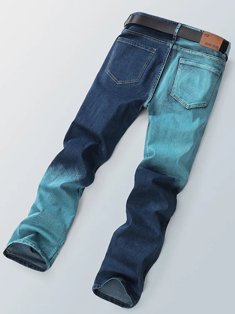 Men's Gradient Color Hole Denim Pants High Street Spliced Vintage Long Trousers Trendy Straight Leg Pants