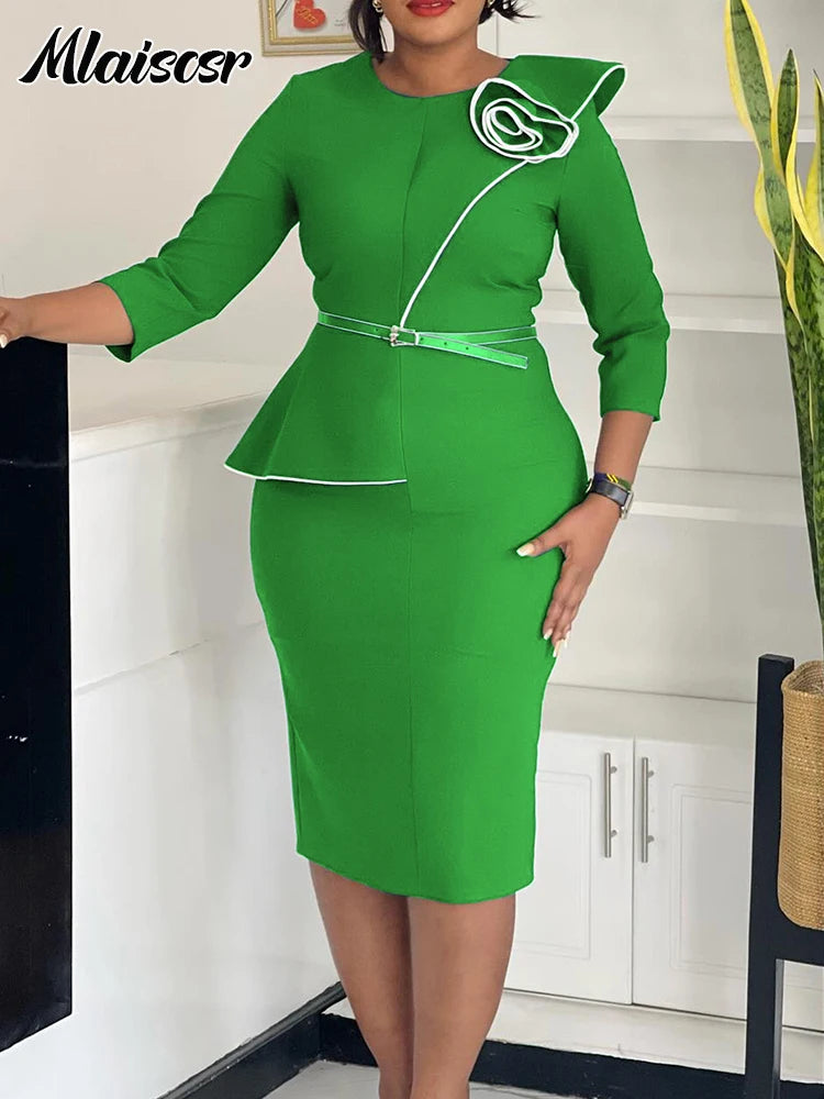 Mlaiscsr Fashion African Mid Dresses with Belt Women 3D Flowers 3/4 Sleeve O-neck Party Evening Office Lady Bodycon Vestidos
