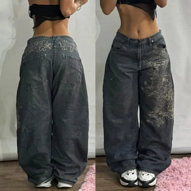 American New Fashion Patch Baggy Casual Jeans For Men And Women Y2K High Street Harajuku High Waist Wide Leg Denim Trousers