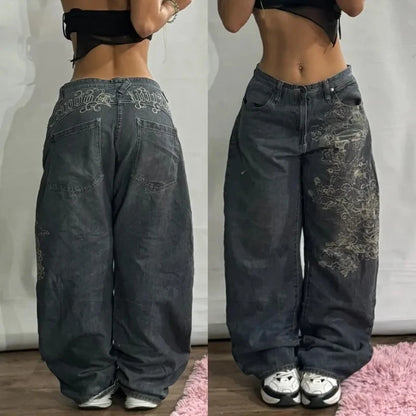 American New Fashion Patch Baggy Casual Jeans For Men And Women Y2K High Street Harajuku High Waist Wide Leg Denim Trousers