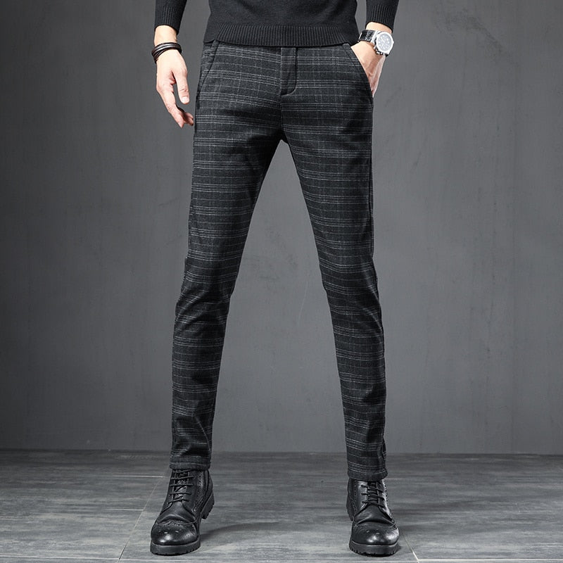 2022 Men&#39;s Stretch Stripe Plaid Trendy Pants Elegant Seasons Wear High Quality Designer Business Casual Trousers