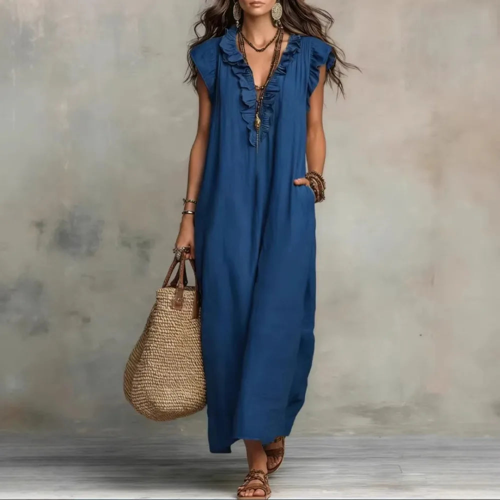 Women's Retro Bohemian Ruffle Linen Maxi Dress, Ruffle V-Neck Sleeveless Loose Summer Dress with Pockets, Summer Casual High-Waist Loose Beach Maxi Dress, Sunny Dress with Flutter Sleeves and Floor-Length Skirt