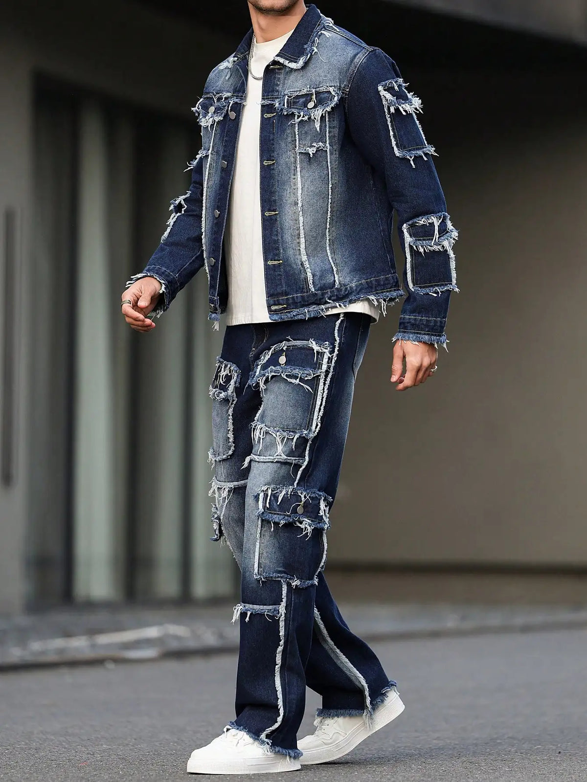 Herren-Frühlings- und Herbst-Denim-Anzug, Multi-Pocket-Design, weite, gerade Hosenform