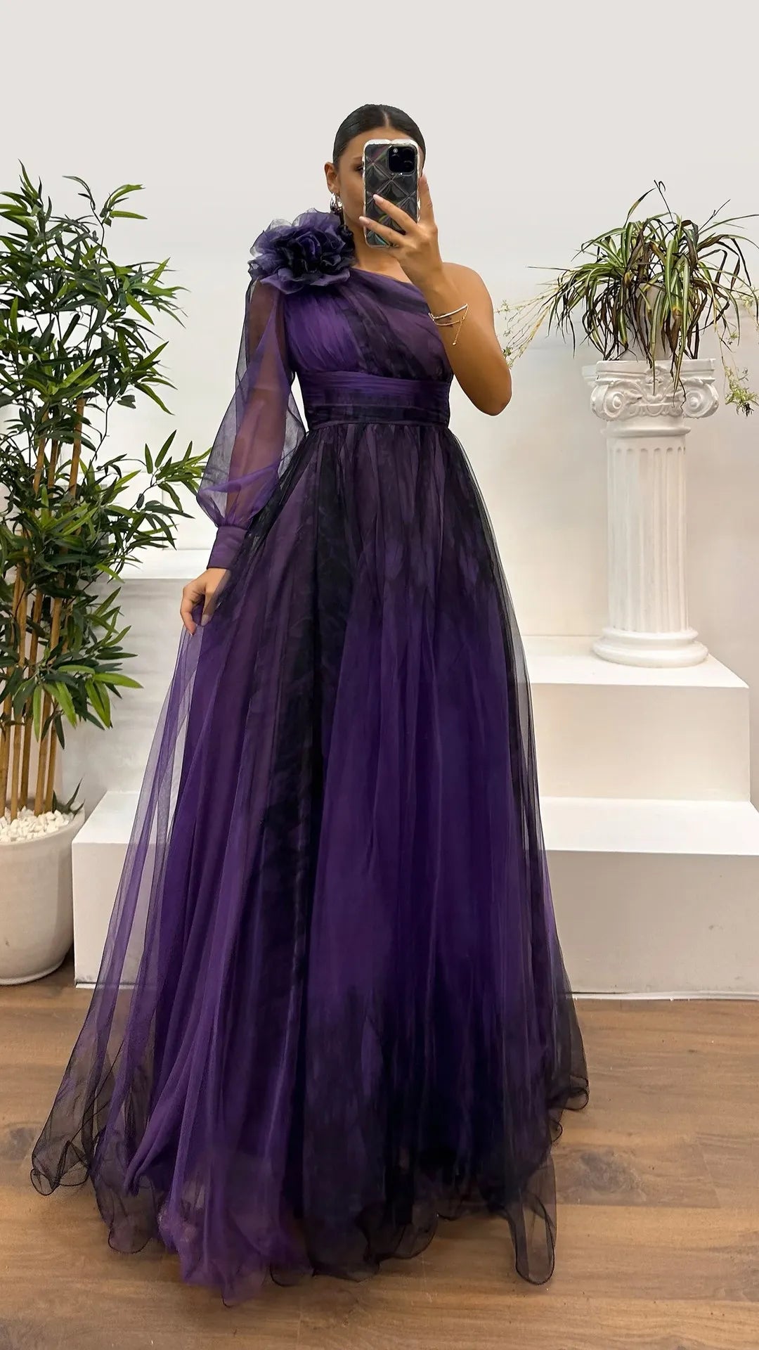 2025 Women Evening Dress Off Shoulder Pleated Long Lantern Sleeve Split Hem Maxi Dress Rhinestone Decor High Waist Party Dresses