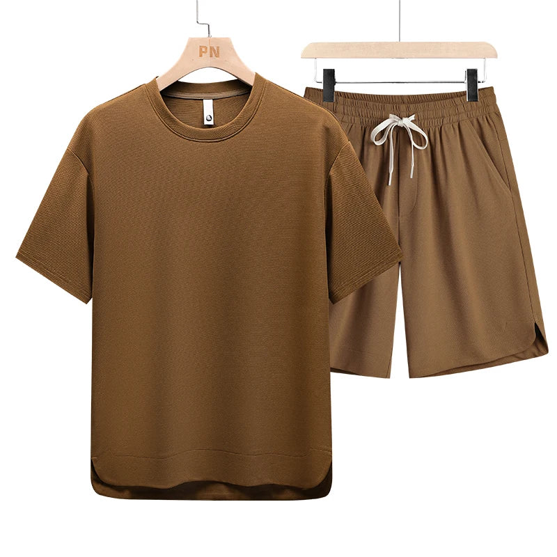 T Shirt Men Set Shorts Suit Oversize 6XL 7XL 8XL Plus Size Quick Dry Silk Short Sleeve Summer T-shirts Fashion Sportswear Loose