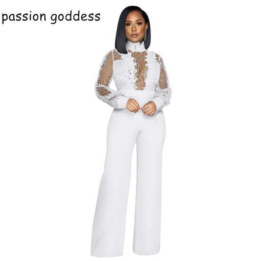 2022 Autumn Women Fashion Lace Patchwork Sexy Loose Jumpsuits High Neck Crochet Sashes Elegant Wide Leg Rompers Overalls White