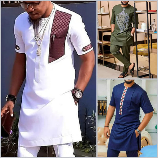 African Men Traditional Costume Dashiki Formal Outfit Elegant Wedding Suit For Male 2Pc Luxury Brand Clothing Men Abaya Pant Set