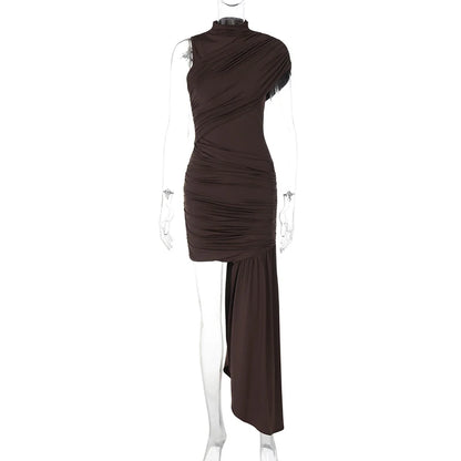 Mozision Irregular Draped Ruched Sexy Mini Dress For Women Elegant Turtleneck Sleeveless High Waist Pleated Club Party Dress