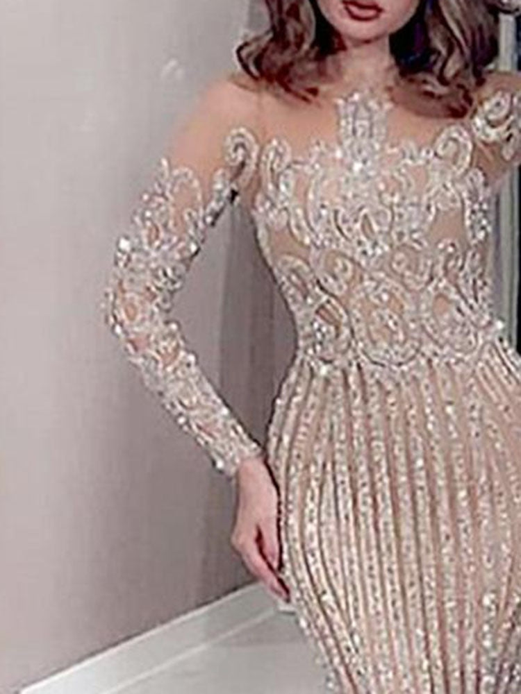 Y2K Women's Sequined Train Dress Solid Color Strapless Embroidery Long Sleeve Office Lady Female Elegant Dresses 2023 Summer