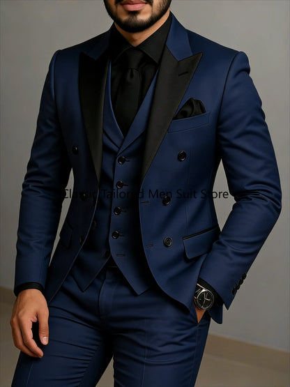Beige Double Breasted Suit  Black Lapel  Slim Fit Wedding Suit