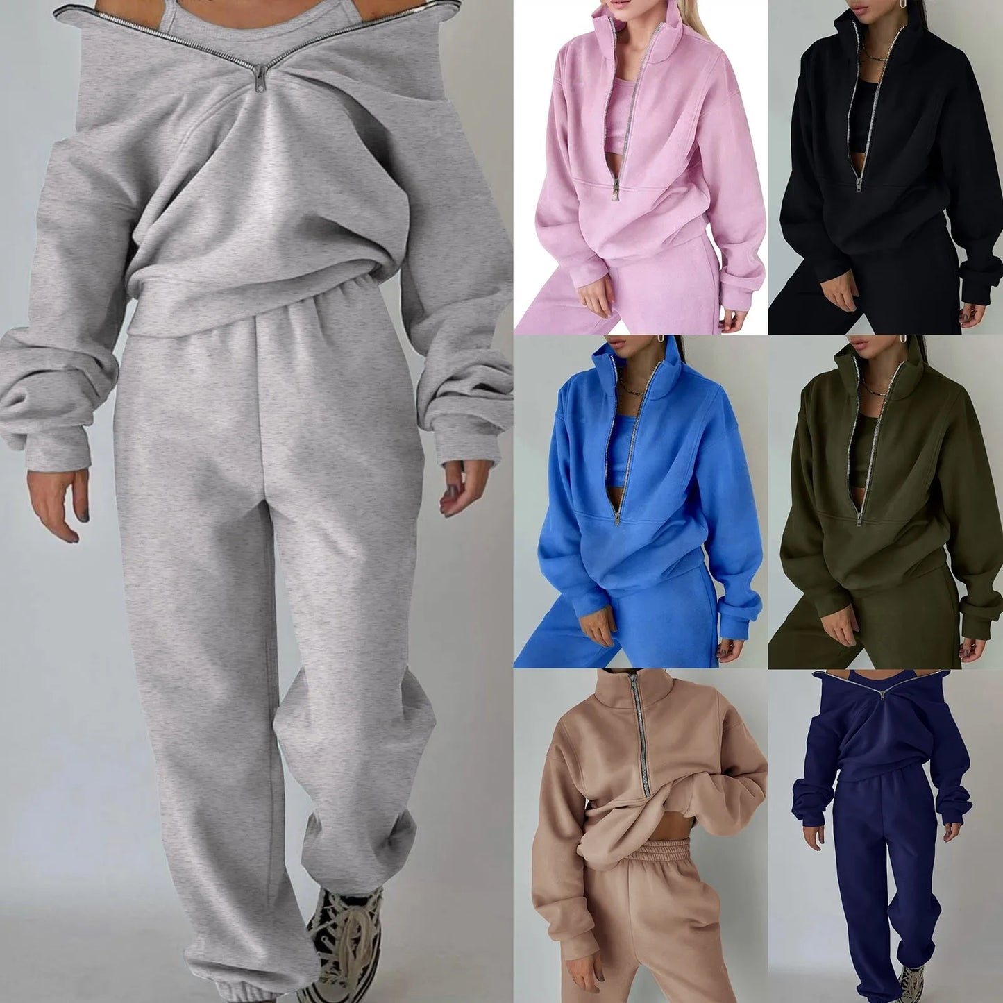 Autumn Winter Women Tracksuits Two Piece Outfits Fleece Lined Zipper Sweatshirt High Waist Pants Sets Female Sport Suits 2024