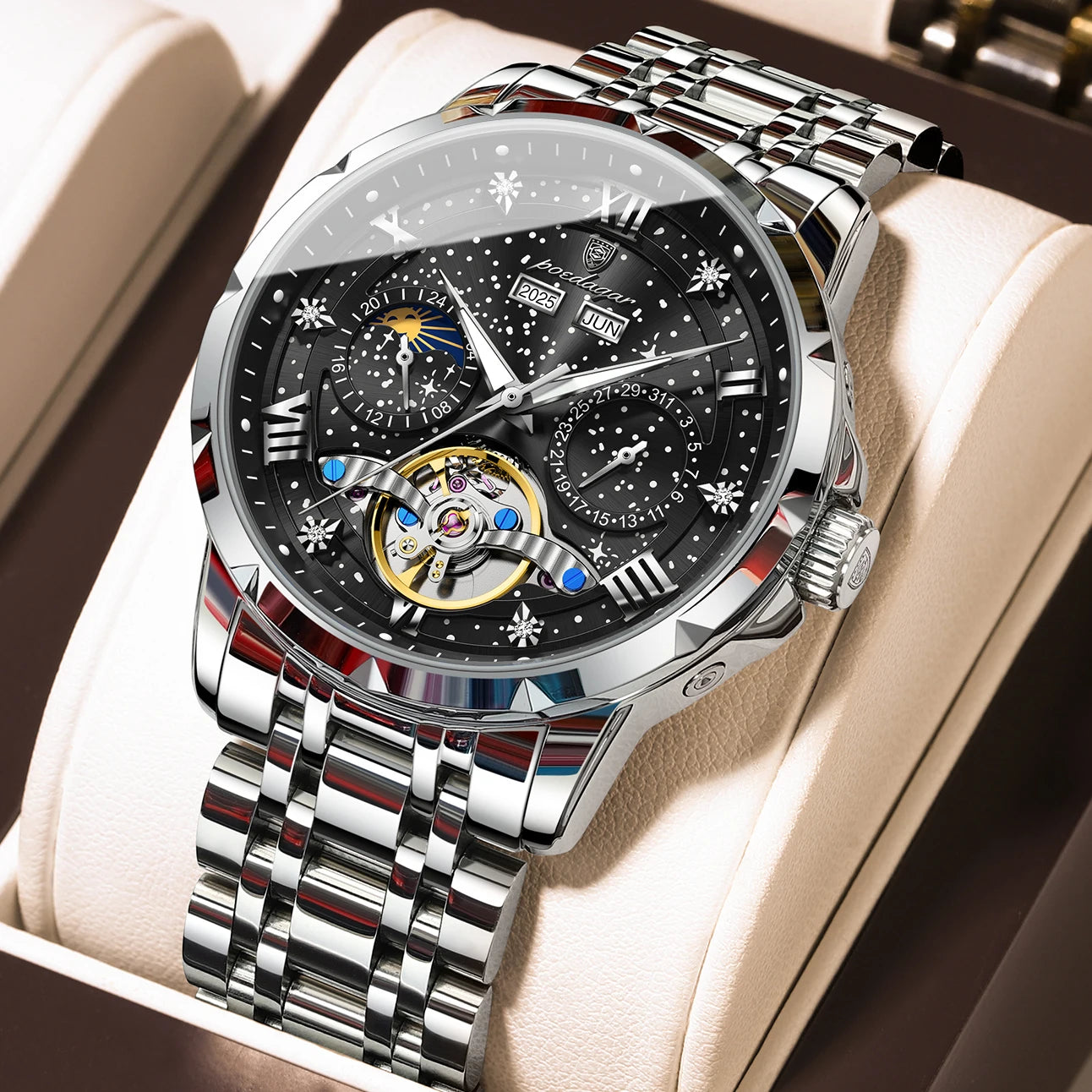 POEDAGARTopOriginal Men Clock Automatic MechanicalStainless Steel Men's Watches Calendar Hollow Tourbillon Man Watch Male+Box