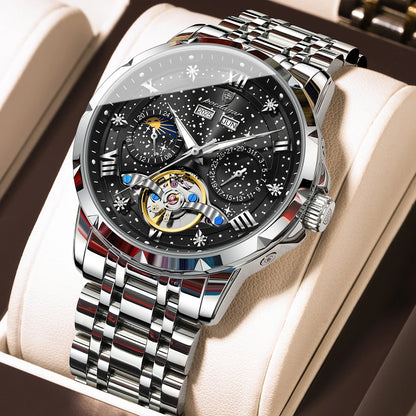 POEDAGAR Top Original Men Clock Automatic Mechanical Stainless Steel Men's Watches Calendar Hollow Tourbillon Man Watch Male+Box