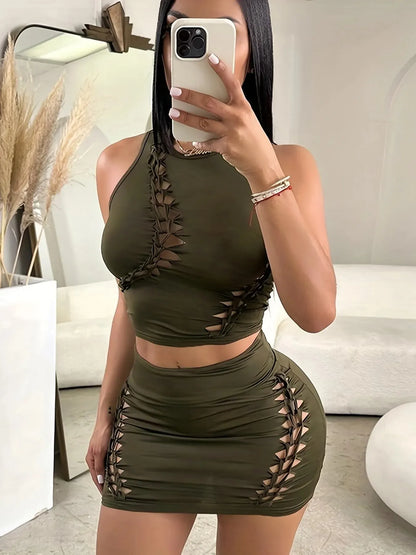 Dulzura Women  Autumn Tank Tops Mini Skirts Party Club Streetwear Two Piece Matching Sets Wholesale Items For Business S3211