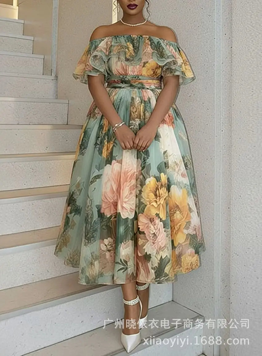 Plus Size Cocktail Party Sage Green Floral Off The Shoulder Ruffle Chiffon Maxi Dress A-Line Flowy Formal Dress for Women